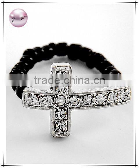 Rhodiumized Black Seed Beads Cross Stretch Ring