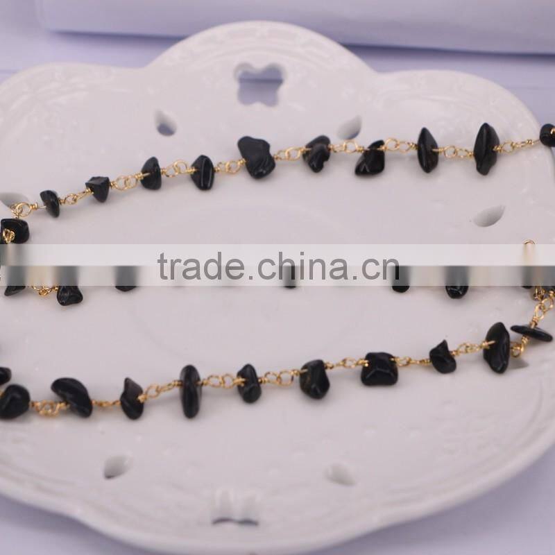 Black Stone Chip Beads Chain, Golden plated Brass Wire Wrapped Rosary style Chains Necklace Jewelry Findings Rosary Chain