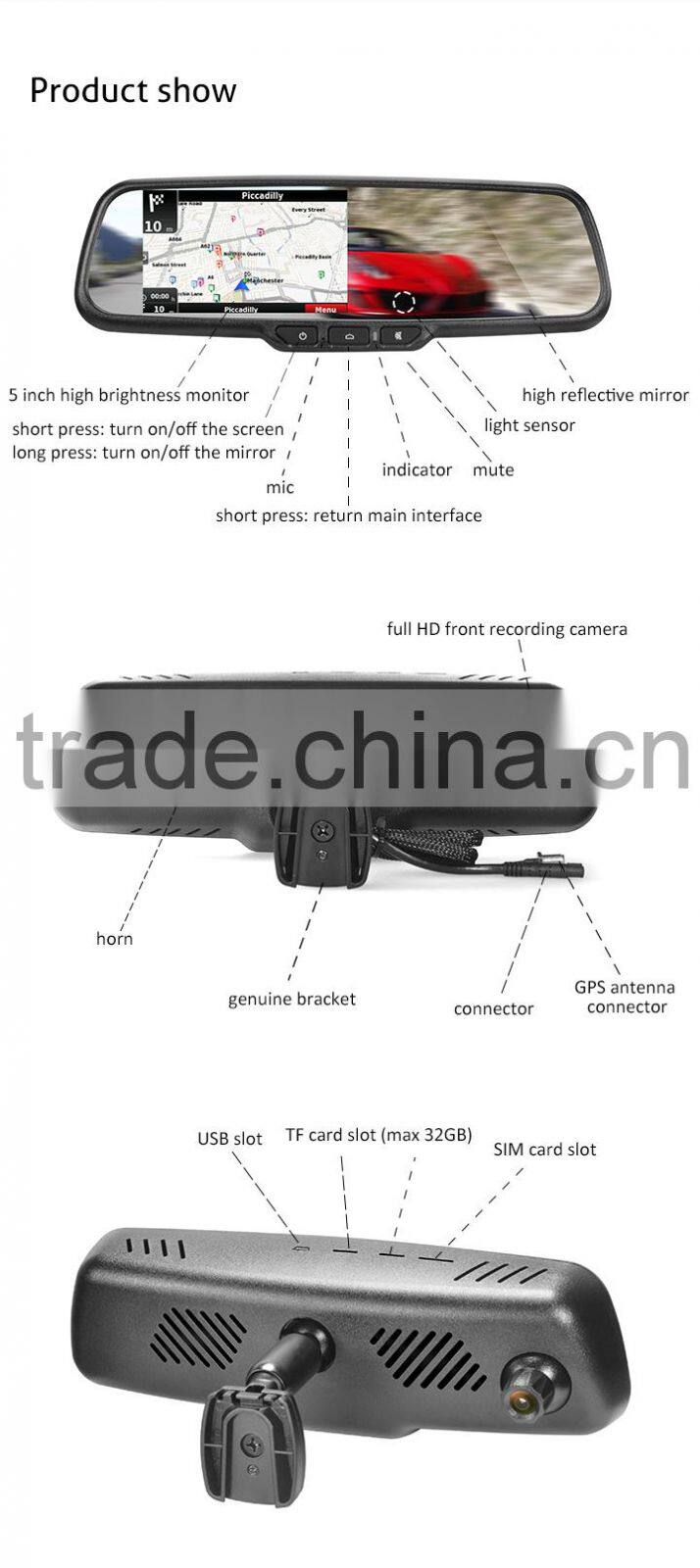 Android touchsreen rearview mirror car DVR with GPS