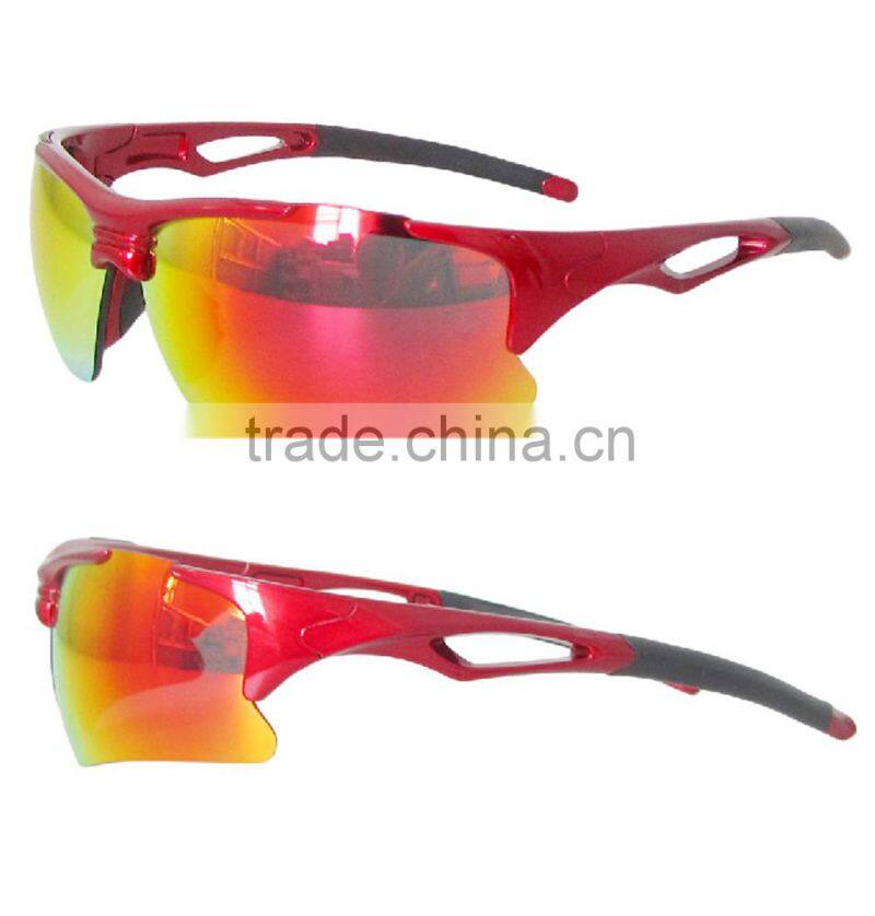 Red half frame sports glasses, comfortable black gloves, any movement are applicable