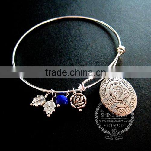 antiqued silver oval photo locket love engraved blue glass bead rose leaf charms wiring bangle bracelet fashion jewelry 6440013