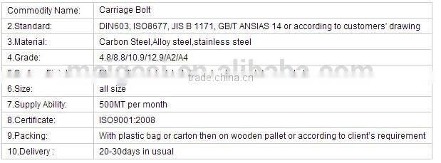 DIN603 zinc plated carriage bolts grade 4.8/6.8/8.8/12.9