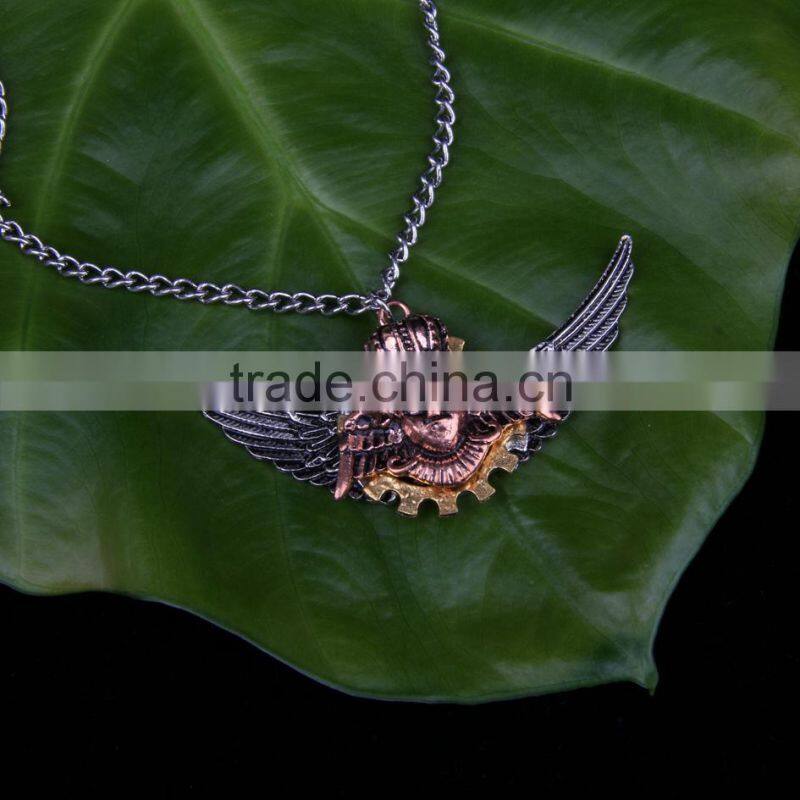 2015 yiwu fashion imitation jewelry hot sale new arrive steampunk gear angel wings pendant statement necklace key chain