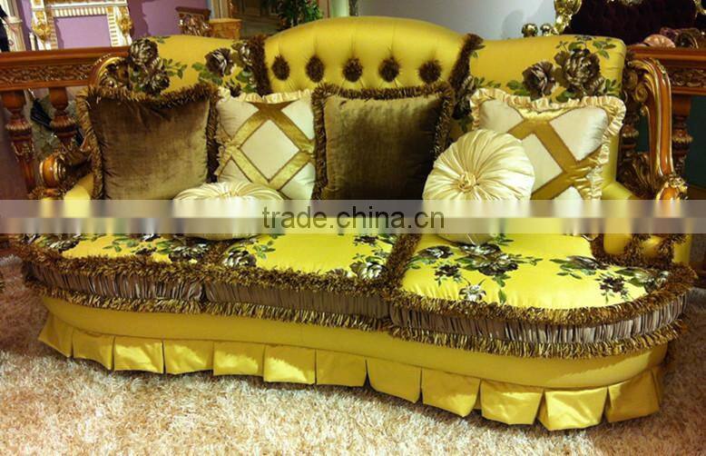 Luxury European Victorian Style Living Room Golden Sofa Set/Fancy Palace Noble EmbroideryTufted Button Fabric Sofa With Cushions