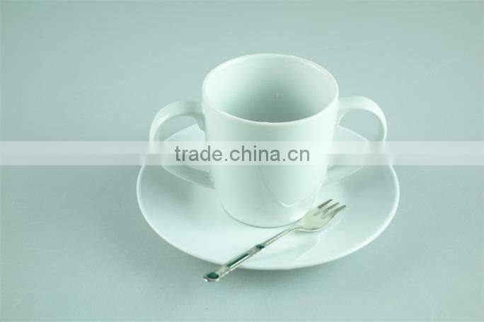 White porcelain cup saucer double handles , stock cups chaozhou factory Sanbo