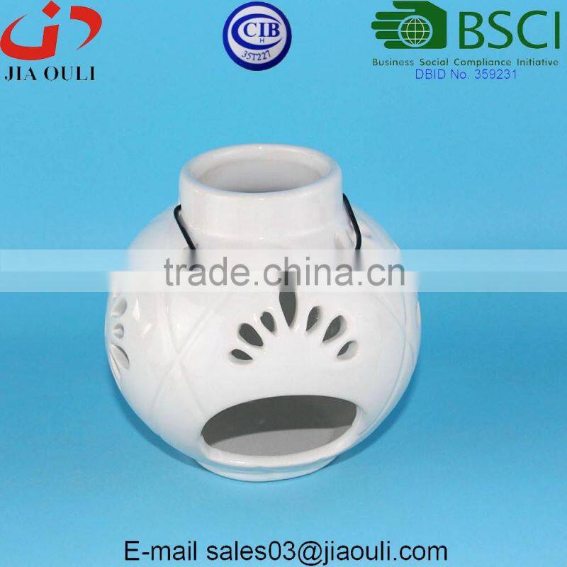 BSCI Certificate Factory glazed white Ceramic candle Lantern, ceramic hanging candle holder