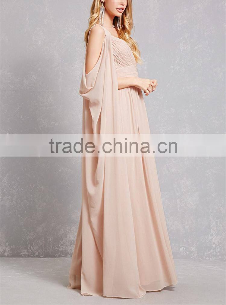 latest fashion design Blush V-cut neck and back Open-Shoulder Chiffon Gown
