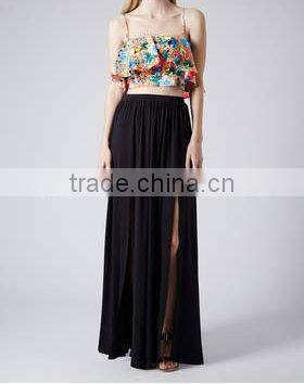 Black spliced jersey elegant long fitted maxi skirt