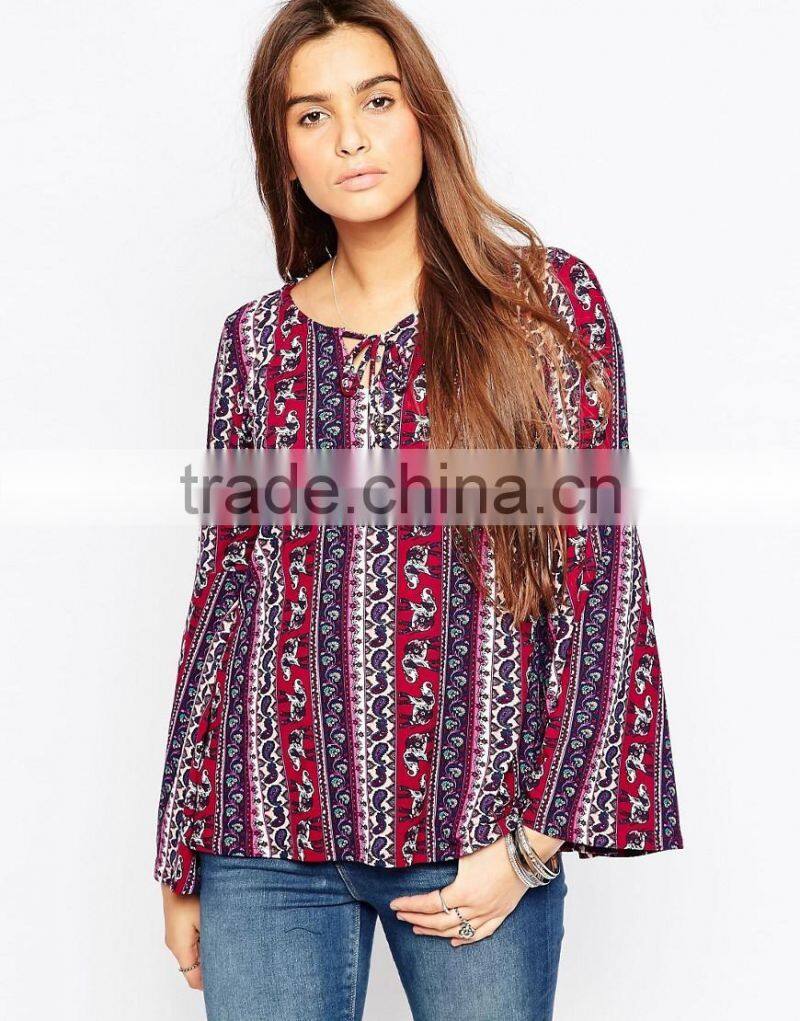 Vintage Print long sleeve Tops in guangzhou factory