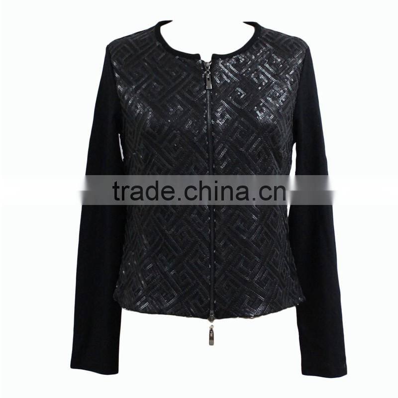 Factory directly provide double zip long sleeve o-neck womens black elegant blazer