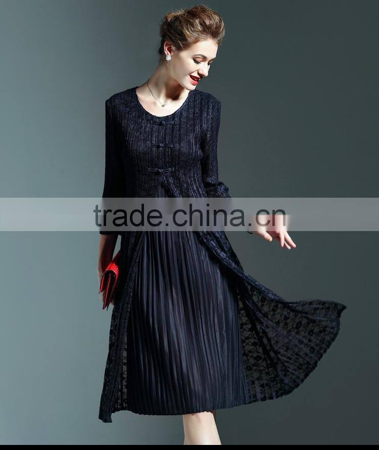 Chinoiserie ladies pleat fake two pieces lace spliced dress