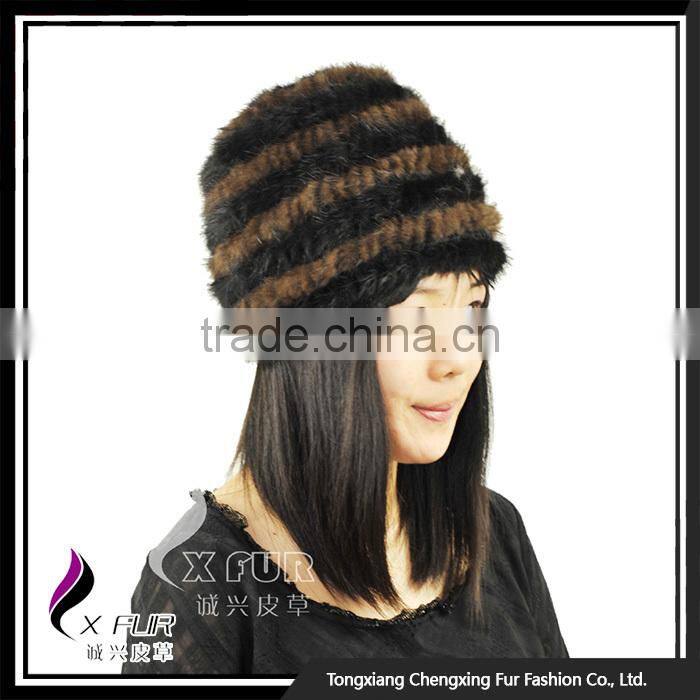 CX-C-36F Cheap Fur Hat Striped Knitted Women Mink Fur Hats