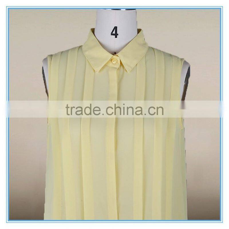 Fashion Ladies Fancy Sleeveless Tops Chiffon Yellow Shirt Pleated Design