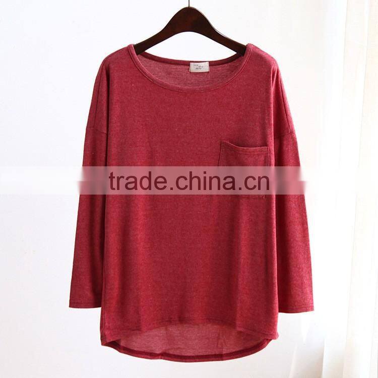 wholesale long sleeve casual women t-shirt with pocket