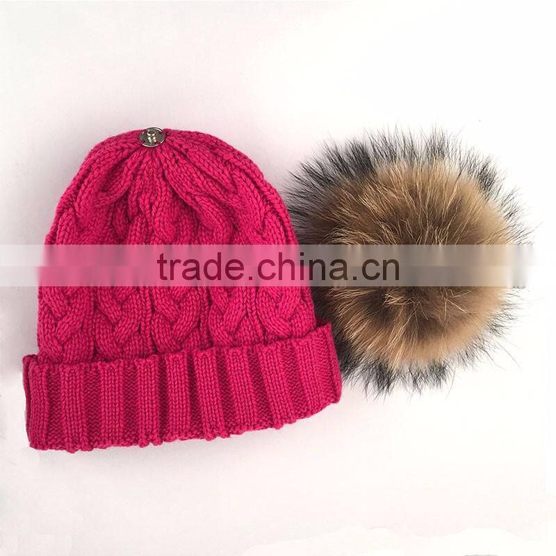 Myfur Hot Pink Knitting Hat with Real Genuine Raccoon Fur Bobble