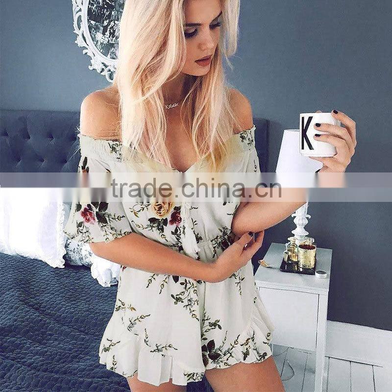 Drop shipping floral off shoulder one piece adult fashion short jumpsuit for wholesale 2017