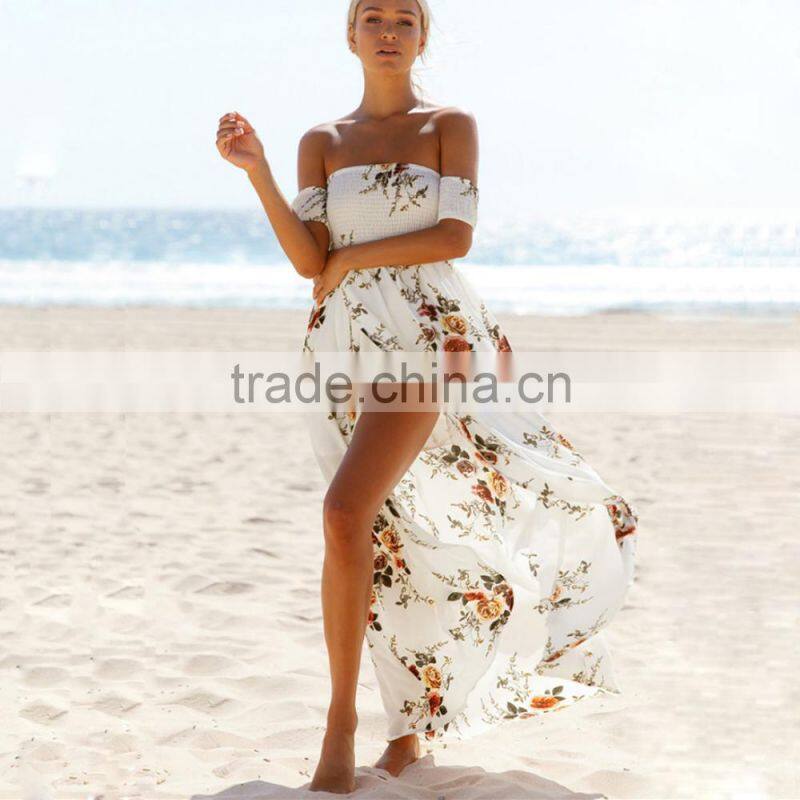 Boho style long dress women fashion Off shoulder beach summer dresses Floral print Vintage chiffon white for wholesale 2017