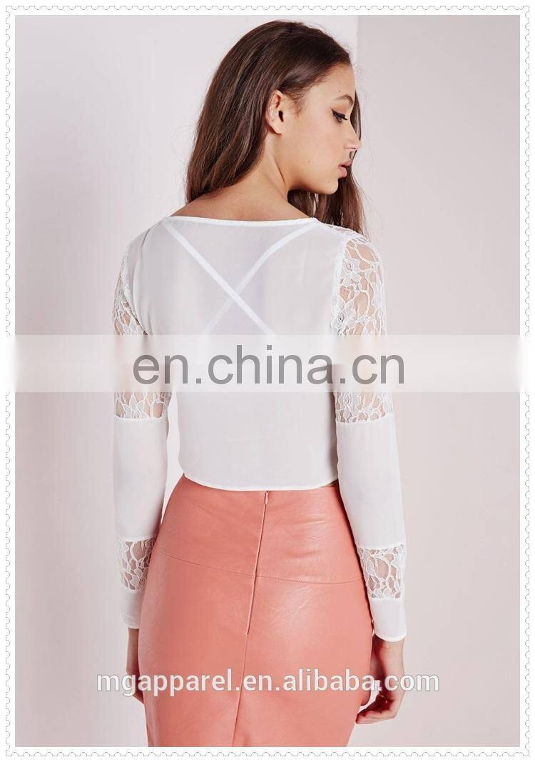 hot sale elegant women white lace fabric long sleeve blouse wholesale