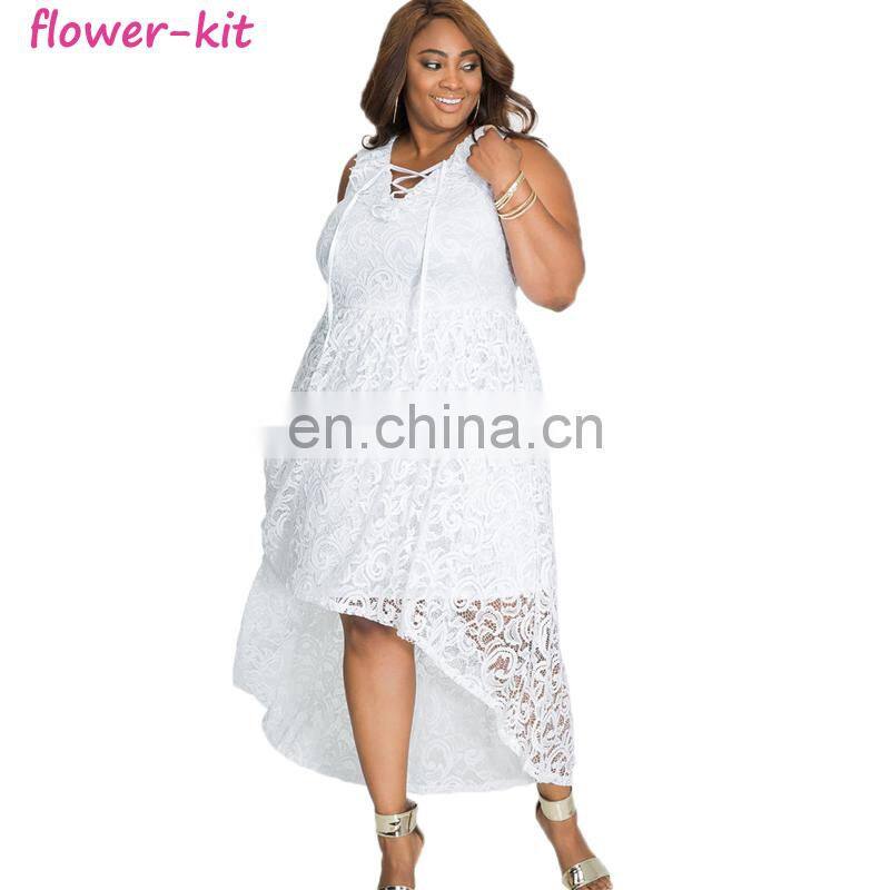 Wholesale Cheap White Ruffle Lace Lace-Up Plus Size Maxi Dress