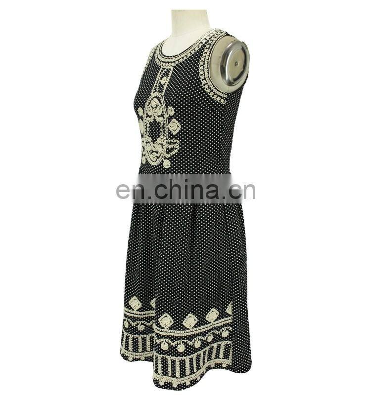 2017 Summer Casual Knitted Dress Border Embroidered Dot Printed Sleeveless Braces Dress for Women