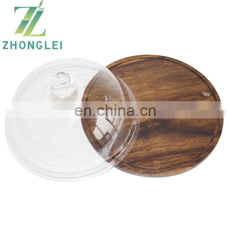 Acacia wood chassis base acrylic round cover cake plate