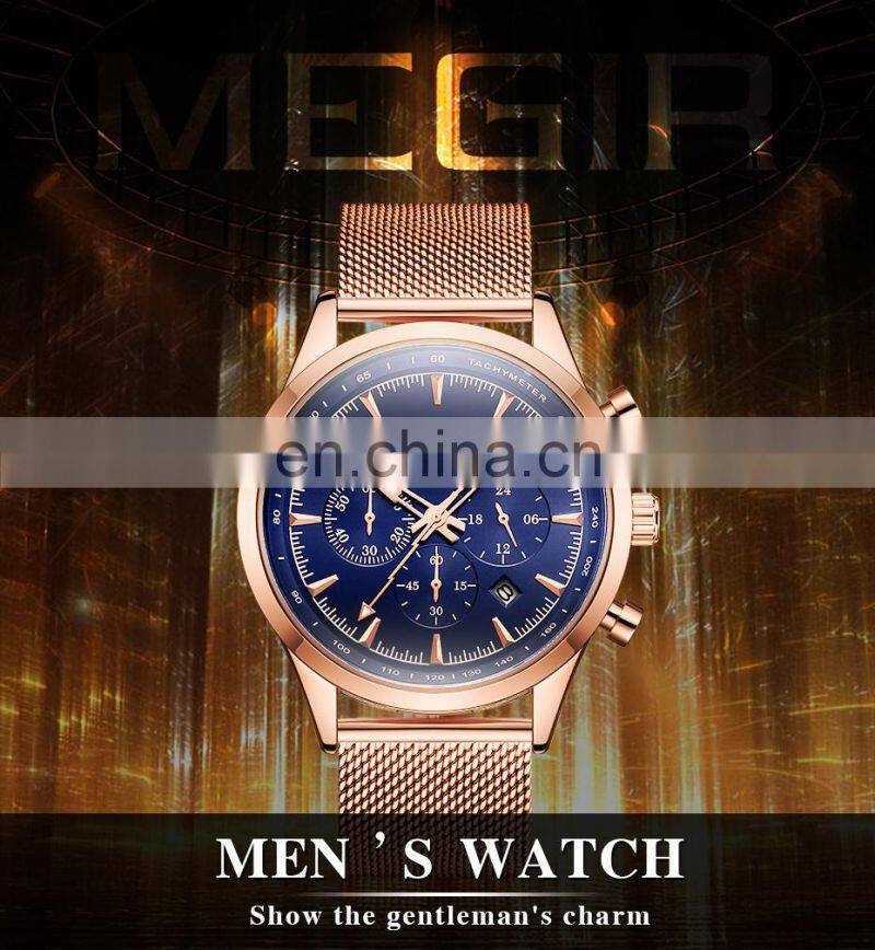 MEGIR 2153 Men Quartz Watches Military Sports Luxury Waterproof Luminous Mesh Band Chronograph Wristwatch
