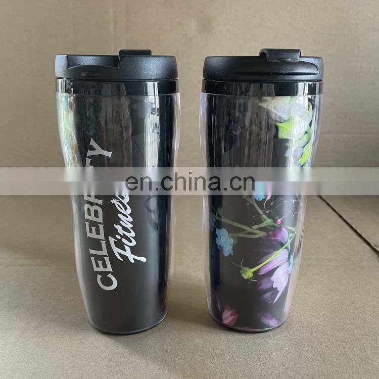 350ml Custom Logo Paper Insert Double Wall Plastic Travel Mug With Lid