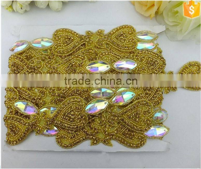 Gold Trim Wedding Bridal Dress Belt Sash Rhinestone Applique