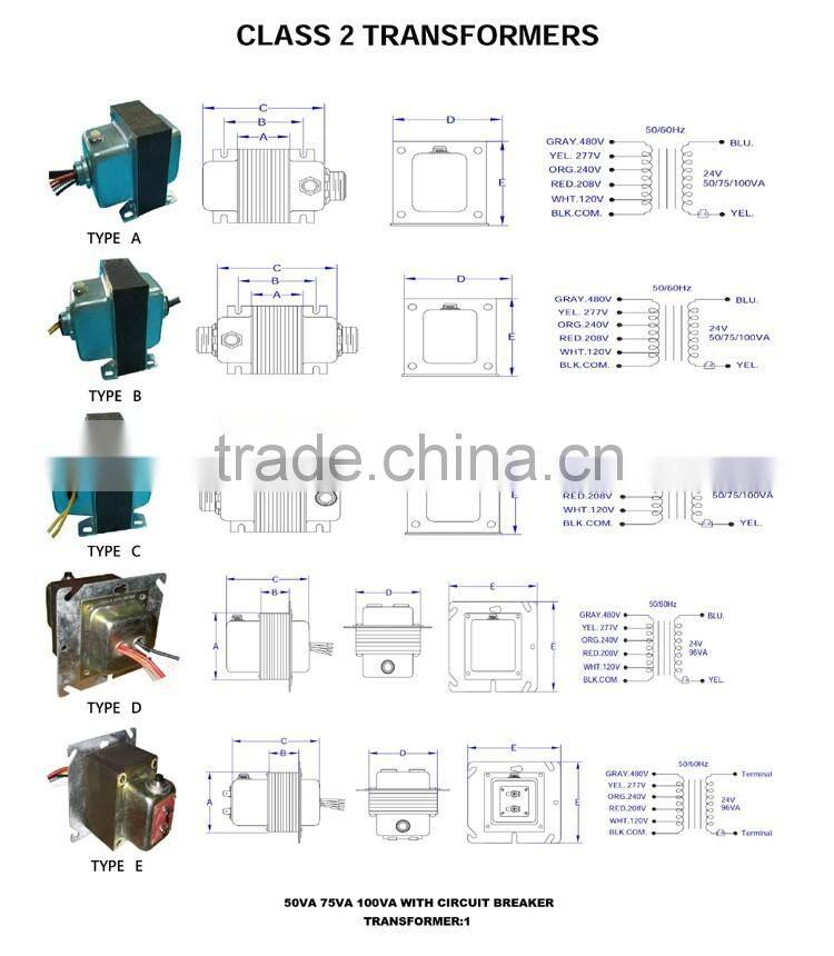 UL CUL CSA CE 120V ac class 2 transformer for garage door opener, UL control transformer
