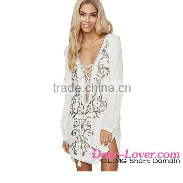 2016 Plunge V Lace-up Neck Floral Embroidered cover up beach dress