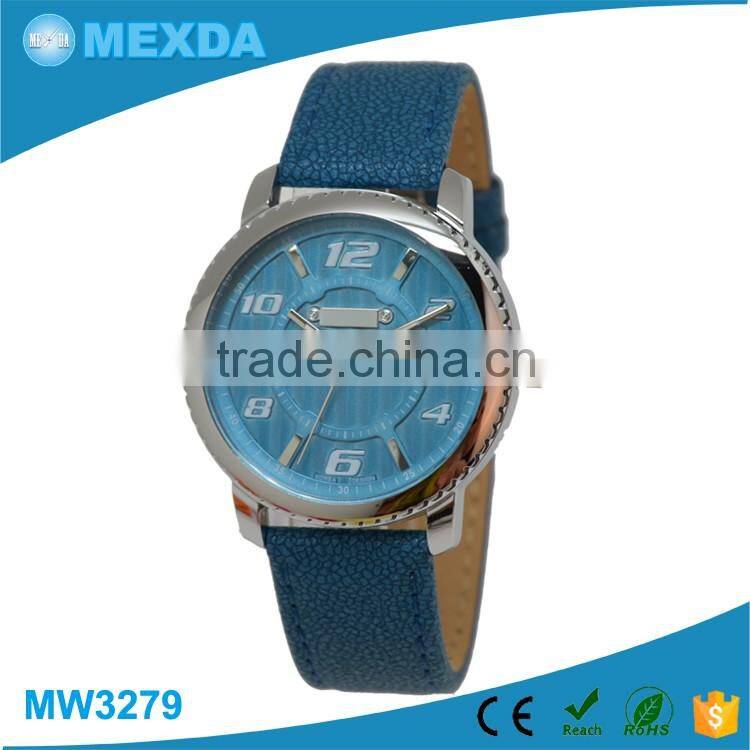 high quality leather band blue strap case stainless steel wristwatch