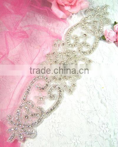 Bridal trimmings clear crystal rhinestone applique with pearls hotfix for wedding dress accessory