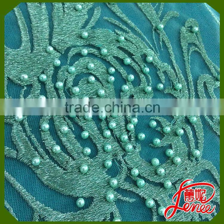 Exquisite Handmade Plain Embroidery Fabric with Pearl Beads