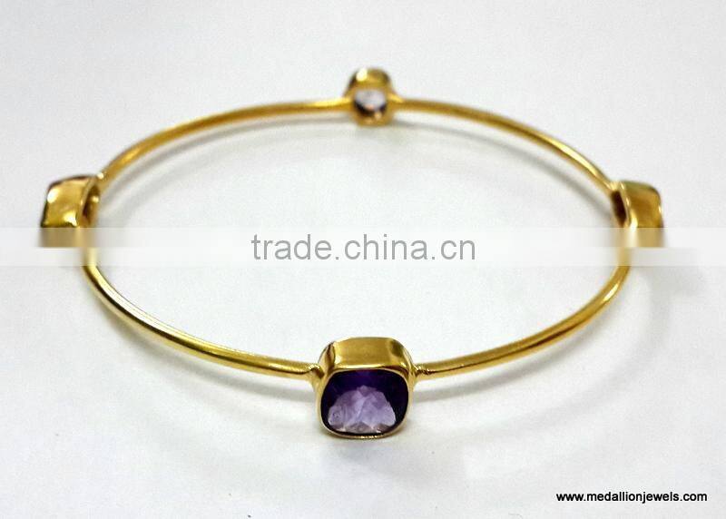 Labradorite Cushion Brass Gold Plated Bangles, Brass Gemstone Bangle, Fashionable Gemstone Bangle