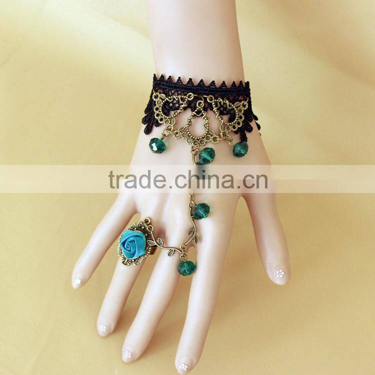 crystal lace bracelet ring, gold bracelet connected ring