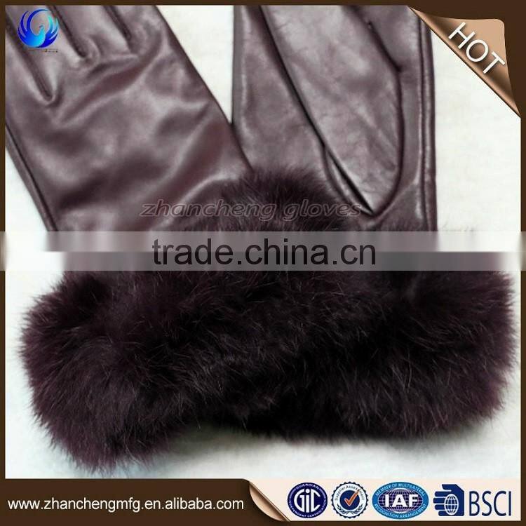 Funky women genuine sheep leather hand gloves with rabbit fur cuff