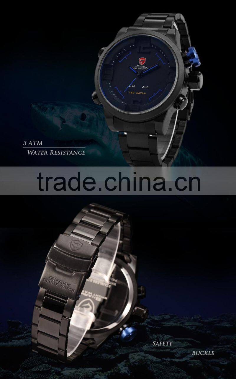 SHARK Stainless Steel Japan Movement Analog Date Alarm Quartz Wrist Mens Sport Digital Watch