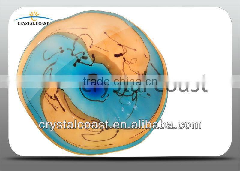 assorted blue amber chocolate 2014 new design blown glass plate wall decoration;designer fused glass plate