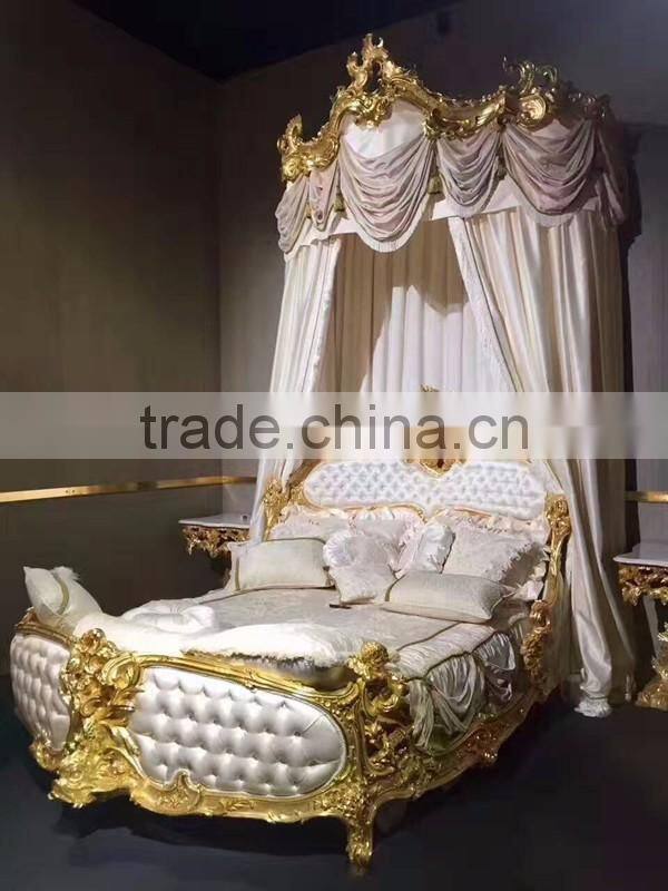 White & Gold Design Button Tufted King Size Bed, Luxury Wood Carved Golden Bed & Night Stands, Imperial Bedroom Furniture Set
