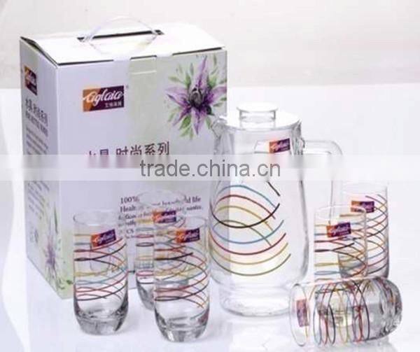 Decaled pitcher drinking glass set with glass cups