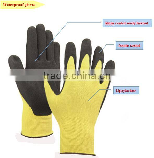 13g double dipped nitrile palm coated sandy finished waterproof gloves