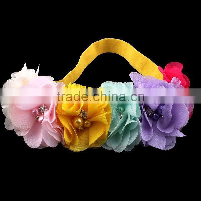 handmade chiffon flower headband with pearl beads center for kids hair accessories for baby girl