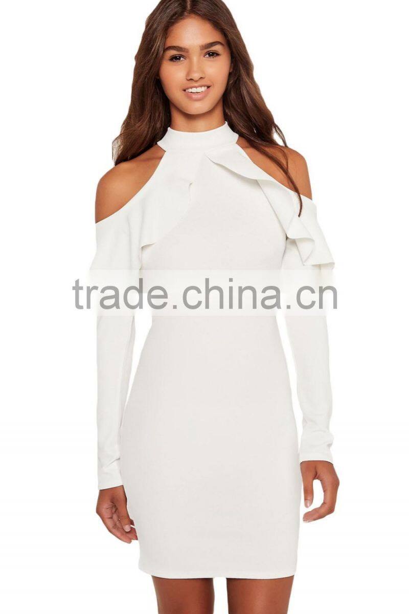 Women Frill Cold Shoulder Long Sleeve Mini Short Bodycon Club Dress White