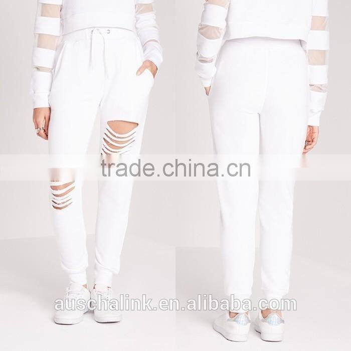 OEM service fashion cheap white ripped front jogger pants