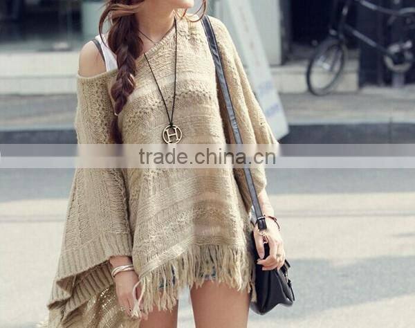 Spring smiles Korean style autumn and spring hollow out fashion solid khaki free size knit with tassel women sweater