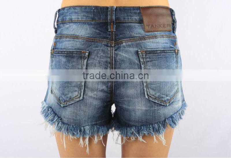S1568 Sexy Hot Girls Dark Wash Flared Ripped Denim mini Shorts with bottom hem fringes pants