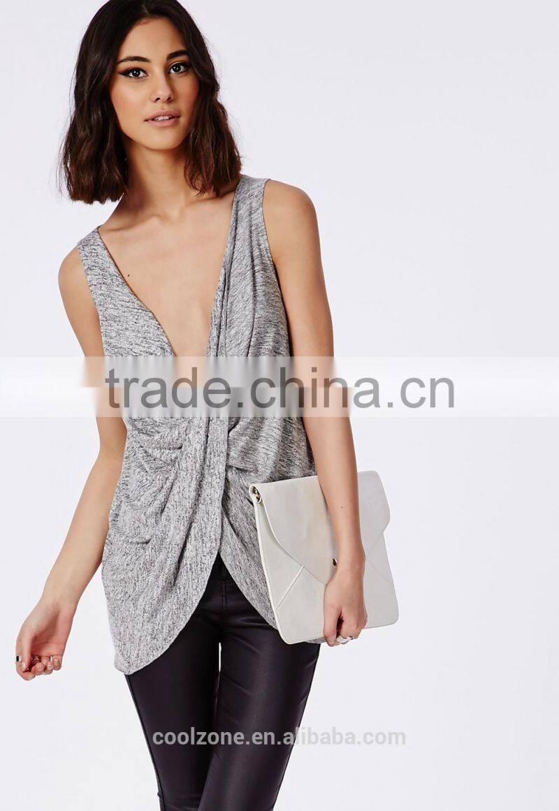 Sexy drape front sleeveless cheap lady blouse fashion women blouse 2016