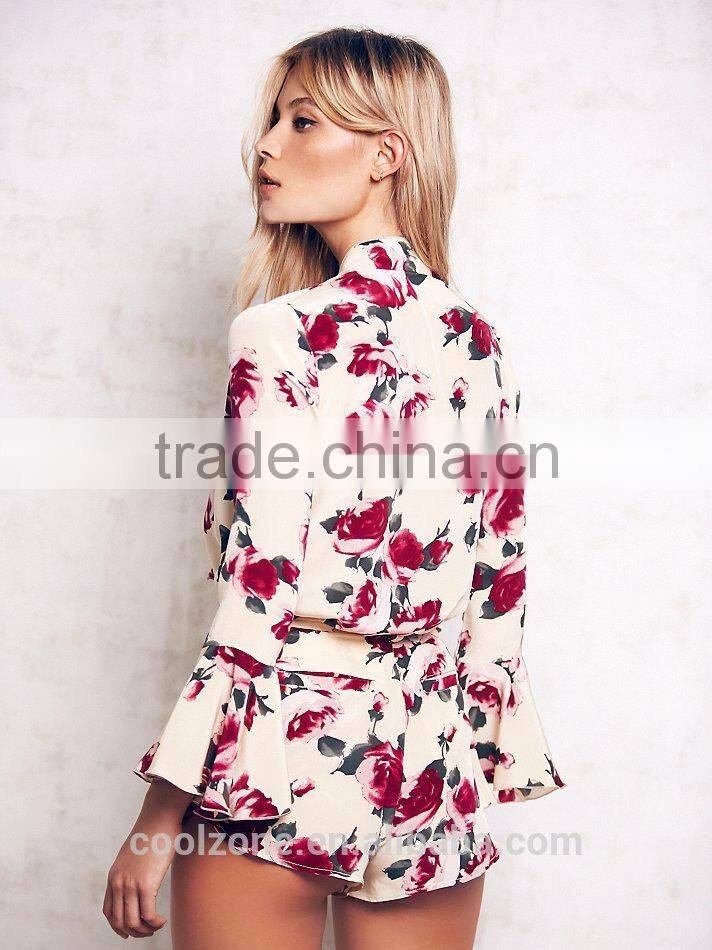 High quality sexy v neck long sleeve garden print lady dress