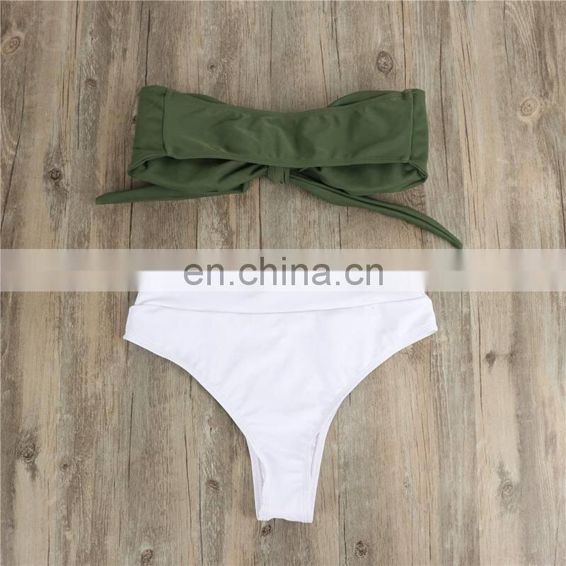 High Waist Strapless Bikini Set Woman Sexy Basic Front Chest Tie Push Up Swimsuit Tight G String Beach Mermaid Swimsuit