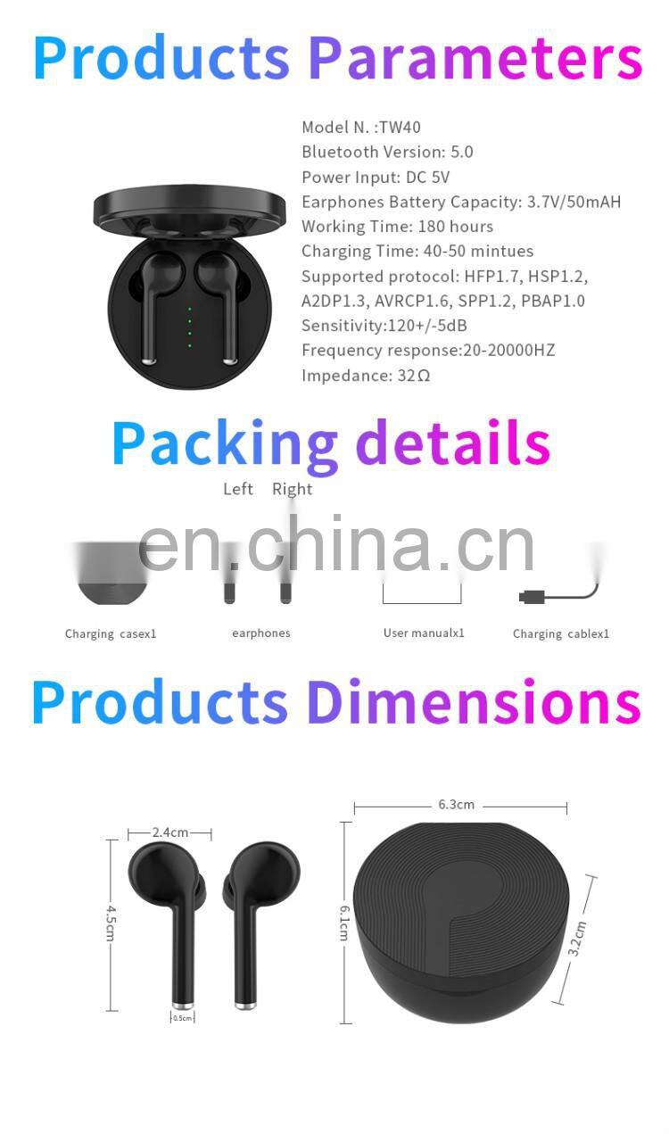 True Wireless Earbuds, BT V5.0 Headphones in-Ear TWS Earphones Auto-Pair Wireless Headphones with stereo sound